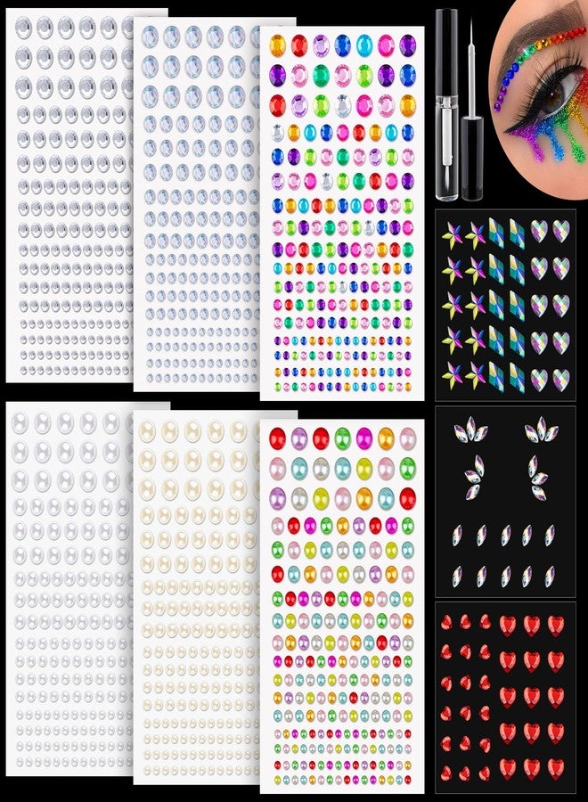 BELLEBOOST 9 Sheets Face Rhinestones and Pearl Stickers Set 1, Rainbow Mixed shape Self Adhesive Gems Face Jewels Stick on, with Makeup Glue for Makeup Eyes Face Hair Nails Body, Crafts and Decorations - Image 1